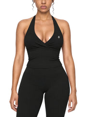 Albina Ruched Halter Yoga Tank Top - In Black